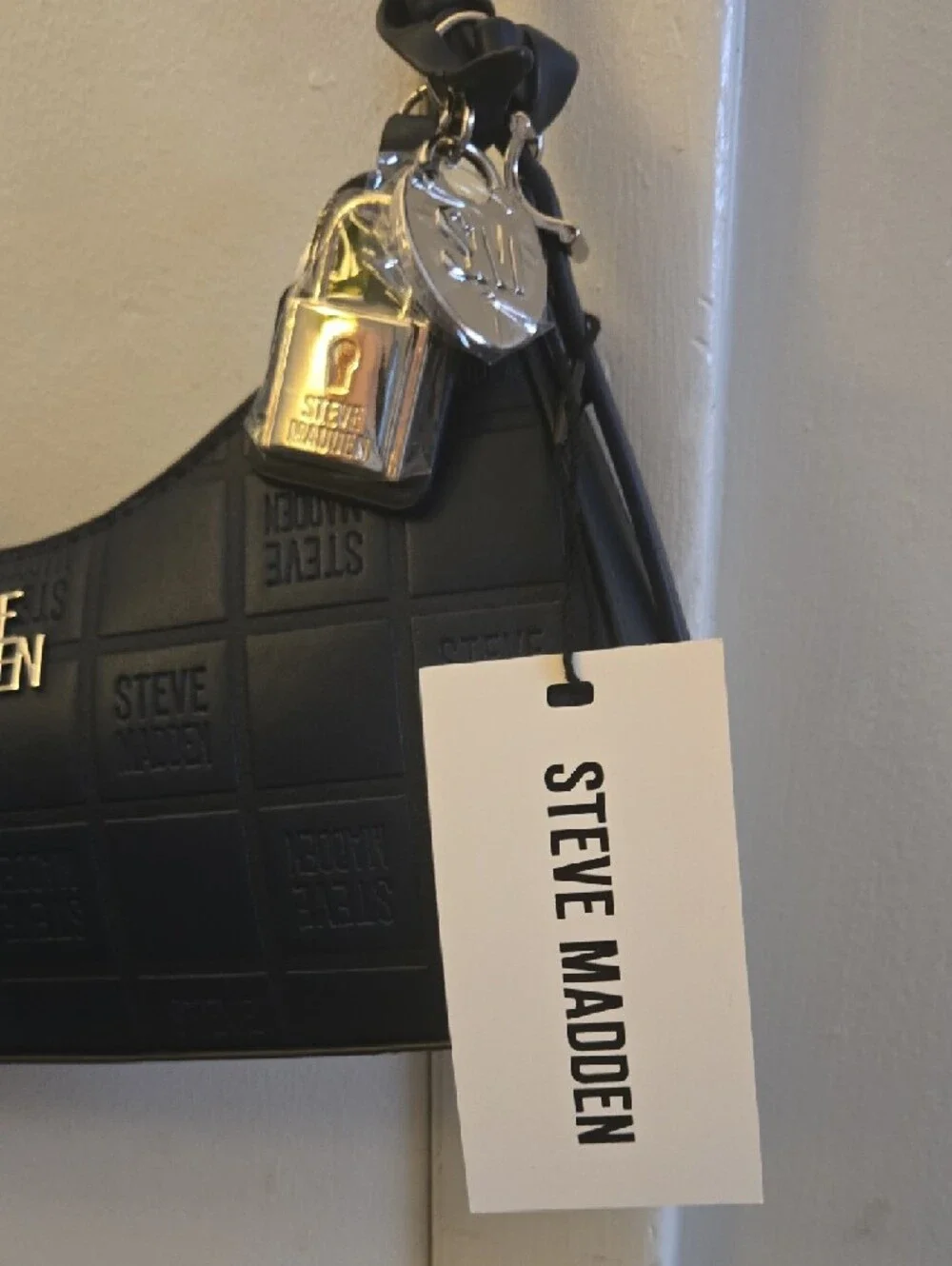 Steve Madden Black Quilted Logo Shoulder Bag with Charm.
